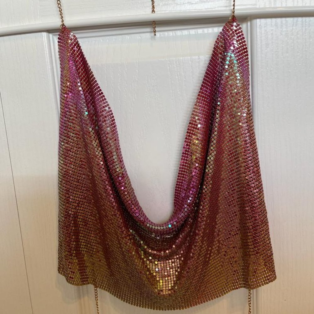 Women's Pink Gold Shiny Metal Halter Crop Top, Size Small / Adjustable Chain
